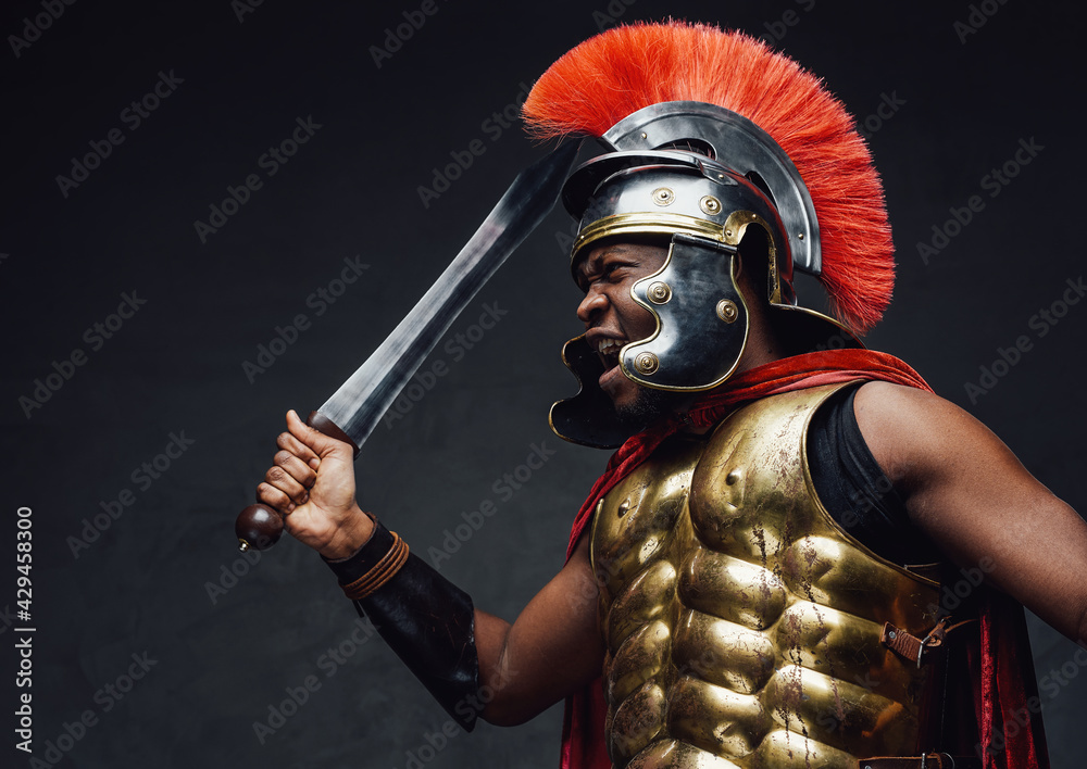 Naklejka premium Furious and offensive roman warrior with sword