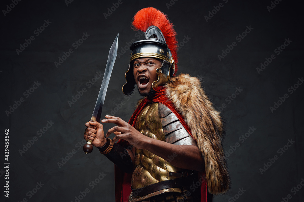 Furious roman warrior with fur holding sword