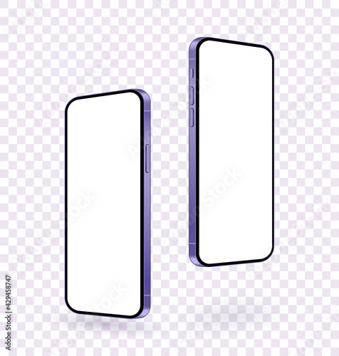 Realistic purple smartphone mockup, flying up 3d mobile device scene with empty screen. Two frameless modern phones set isolated for show ui and ux design app and website.