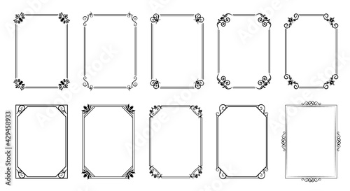 Set of decorative frames. Rectangle borders made of lines and decorative elements. Geometric ornaments. Design templates for invitations and holiday cards.
