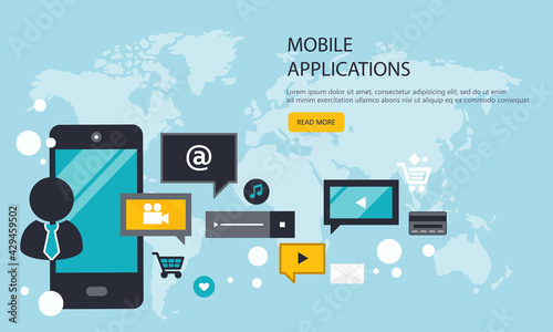 Mobile application and mobile app development concept. Project development and business ideas. Flat vector illustration.