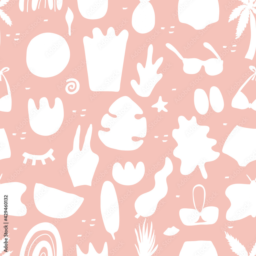 Сontemporary seamless pattern hand drawn shapes. Nature doodle elements and objects. Abstract color various leaves and flowers. Trendy modern flat cartoon vector illustration isolated on pink