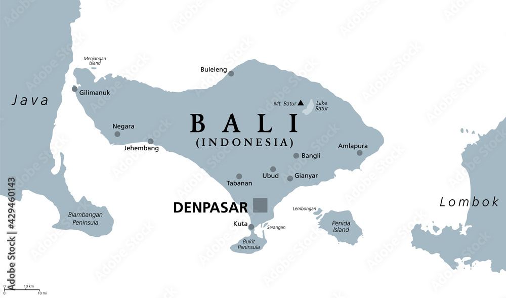 Vecteur Stock Bali, gray political map. A province and island of Indonesia,  the westernmost of Lesser Sunda Islands, east of Java, west of Lombok. The  only Hindu-majority province in Indonesia. Illustration. Vector