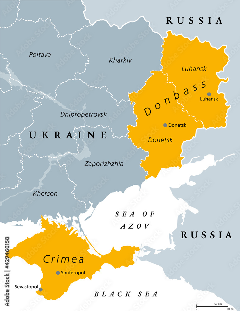 Donbass and Crimea, political map. Crimea peninsula on the coast of Black Sea, and Donbass region, formed by Donetsk and Luhansk region. Disputed areas between Ukraine and Russia. Illustration. Vector - obrazy, fototapety, plakaty 