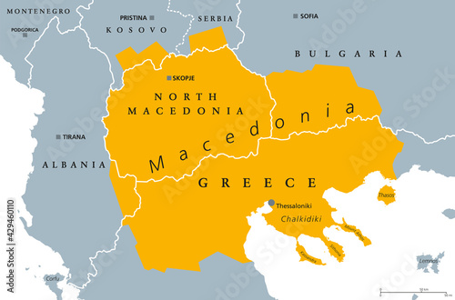 Geographical region of Macedonia, political map. Region of the the Balkan Peninsula in Southeast Europe, part of Greece, North Macedonia, Bulgaria, Albania, Kosovo and Serbia. Illustration. Vector.