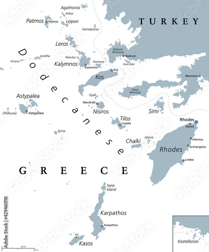 Dodecanese islands, gray political map. Greek island group in the southeastern Aegean Sea and Eastern Mediterranean off the coast of Turkey. Rhodes is the most dominant island since antiquity. Vector