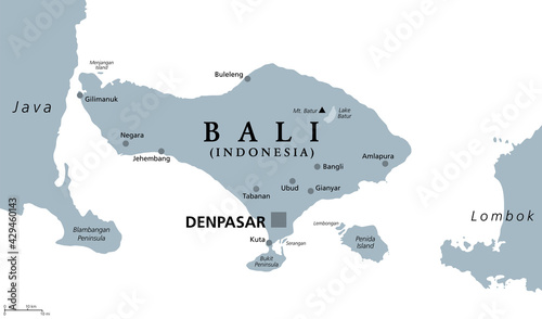 Bali, gray political map. A province and island of Indonesia, the westernmost of Lesser Sunda Islands, east of Java, west of Lombok. The only Hindu-majority province in Indonesia. Illustration. Vector