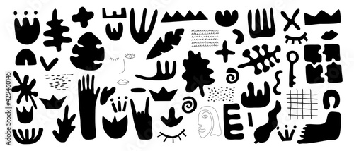   ontemporary big set hand drawn shapes. Nature doodle elements and objects. Abstract black silhouette various leaves and flowers. Trendy modern cartoon vector illustration isolated on white
