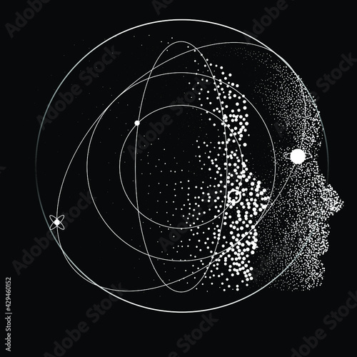 Silhouette of a 3d human head made of dots and particles. Concept of Artificial intelligence and Neural Network.