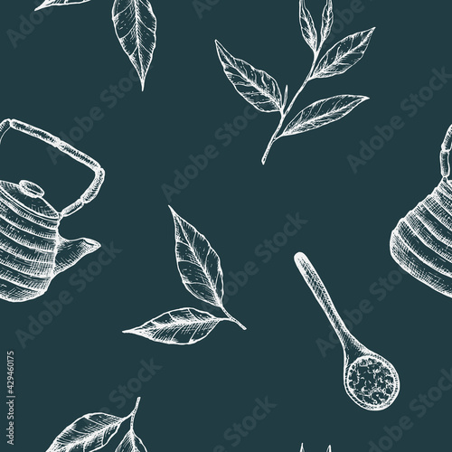 Vector illustration of a seamless pattern of tea leaves and teapot on a dark green background. White leaves on dark for packaging or wrapping paper, fabric