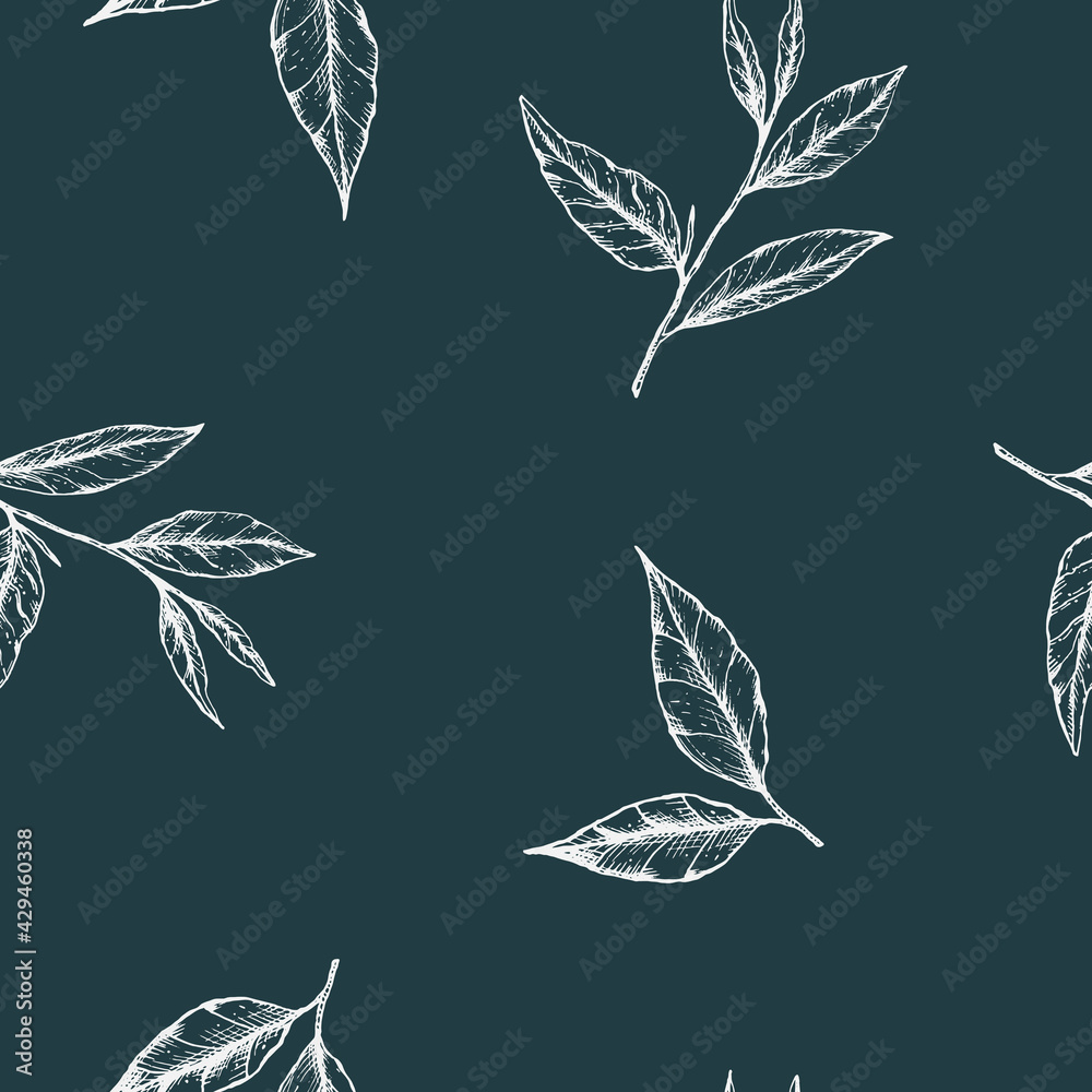 Vector illustration of a seamless pattern of tea leaves on a dark green background. White leaves on dark for packaging or wrapping paper, fabric