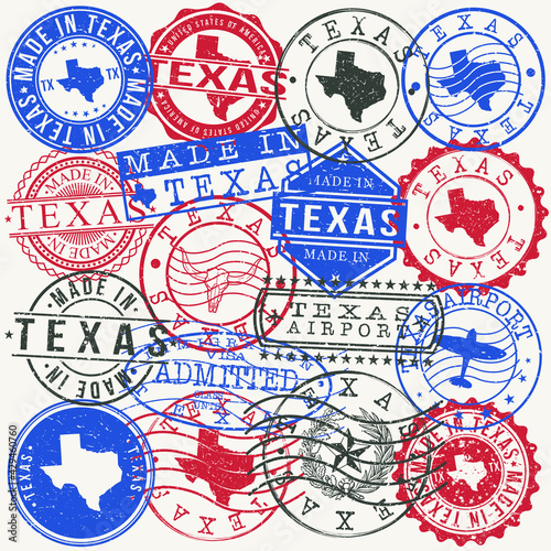 Texas, USA Set of Stamps. Travel Passport Stamps. Made In Product. Design Seals in Old Style Insignia. Icon Clip Art Vector Collection.