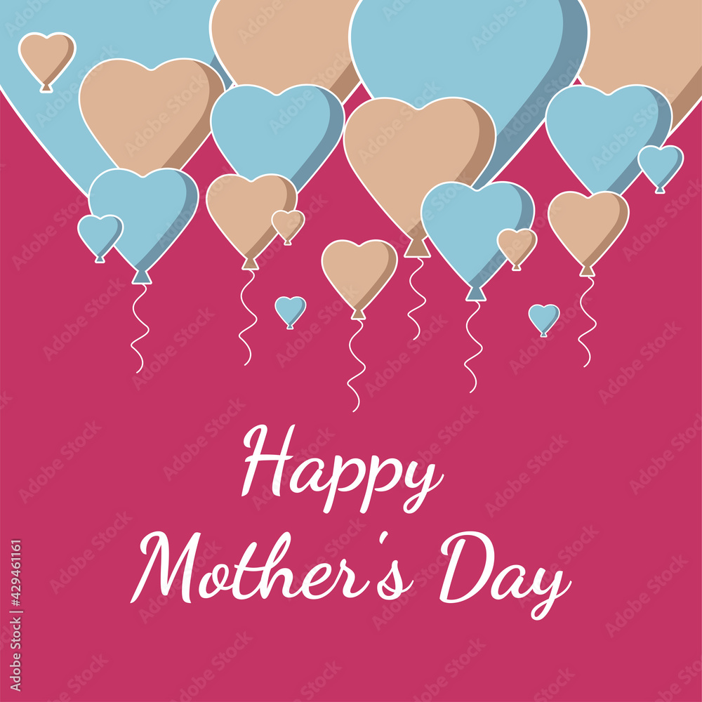 Mother's Day postcard with blue and gold balloons. Festive pink background. Happy Mother's Day lettering. Birthday poster for Mom. Suitable for posting to social media.