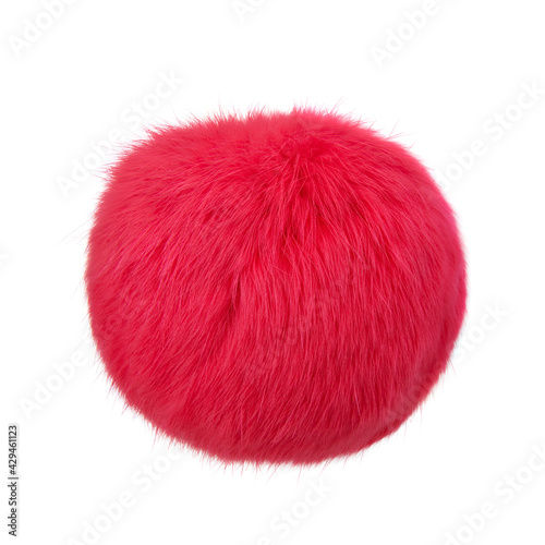 Close up of hot pink rabbit fur pompom isolated on white background