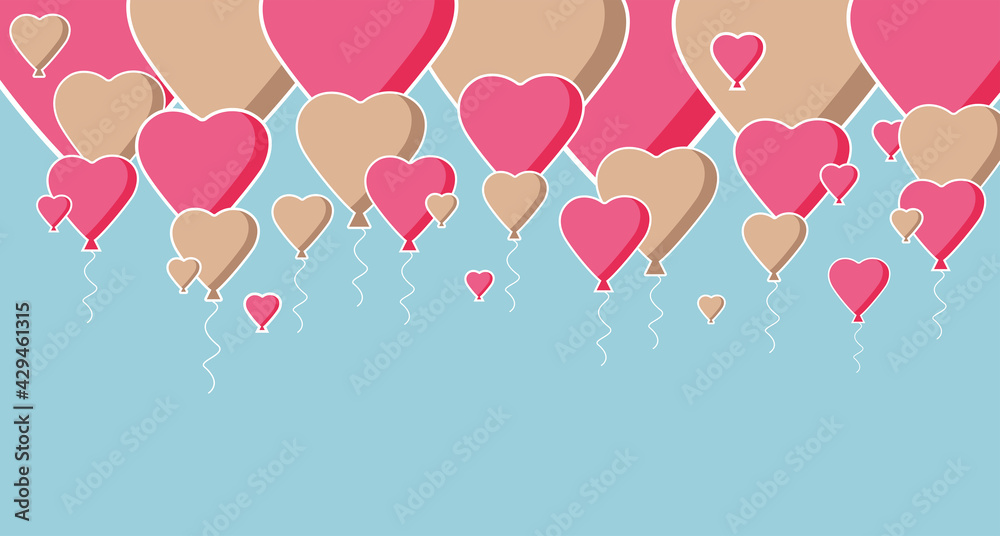 Mother's Day postcard with flying pink and gold balloons. On a festive blue background, balloons in the sky. Birthday or Mother's Day poster for Mom. Suitable for website posting.