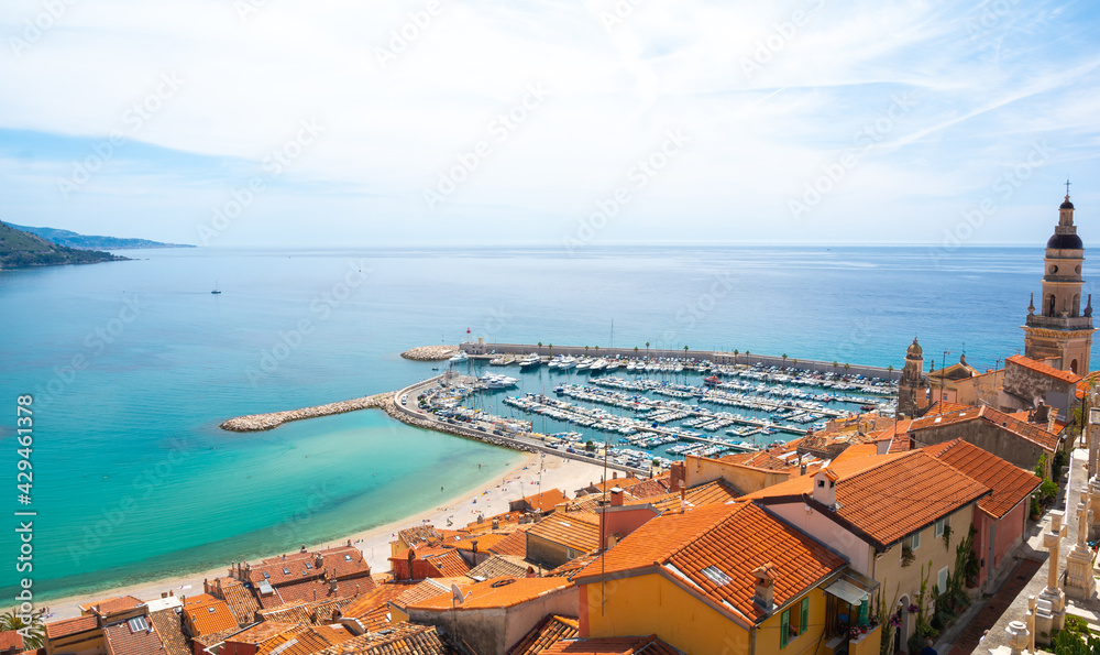 view on azure bay in Menton town on cote d'azur in south France