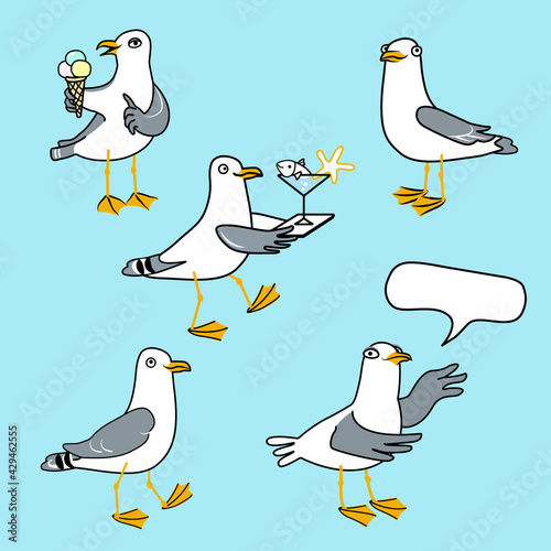 Set of fun characters seagulls in various poses. Hand drawn vector doodle illustration with seabird isolated on blue background.Ocean bird in cartoon style.