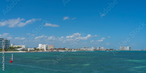 A ferry leaving to Isla Mujeres, view from the boots deck to Hotel Zone Cancun