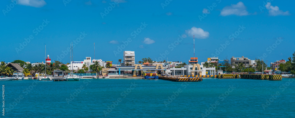 Panorama from Isla Mujeres island near Cancun in Mexico, view from the ferry