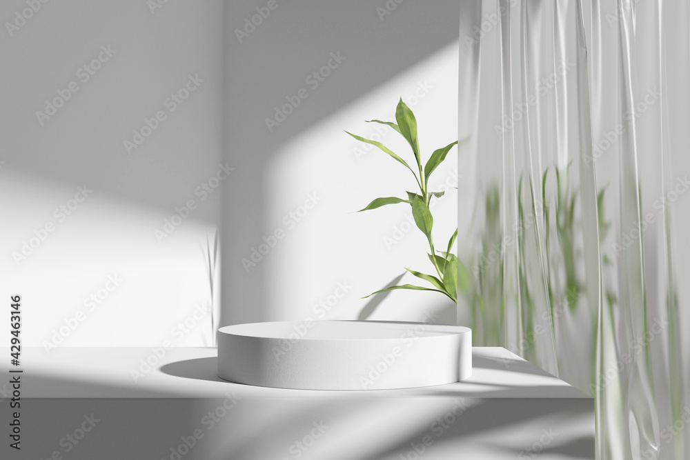 Product display podium with nature leaves on white background. 3D rendering - obrazy, fototapety, plakaty 