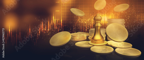 Golden coins of stacks on dark background with Currency of Business and Finance concept in 3D illustration.