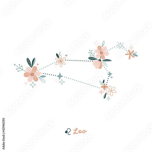 Flower Leo zodiac sign clip art isolated on white. Celestial floral daisy constellation vector illustration. Magical Boho spiritual bloomy astrological design.