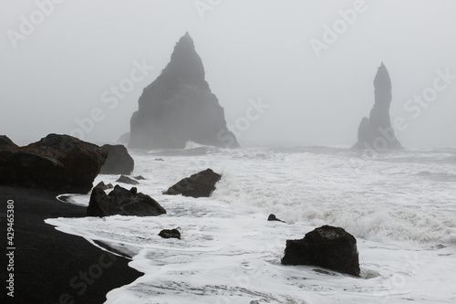 Storm and big waves in black sand beach in Iceland