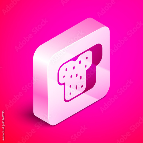 Isometric Bread toast for sandwich piece of roasted crouton icon isolated on pink background. Lunch, dinner, breakfast snack. Silver square button. Vector