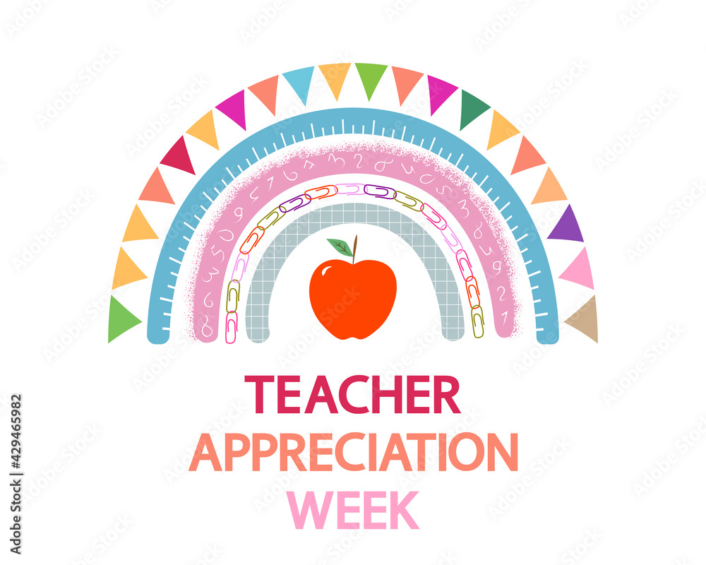 Teacher Appreciation Week school vector banner. Cute rainbow, apple and