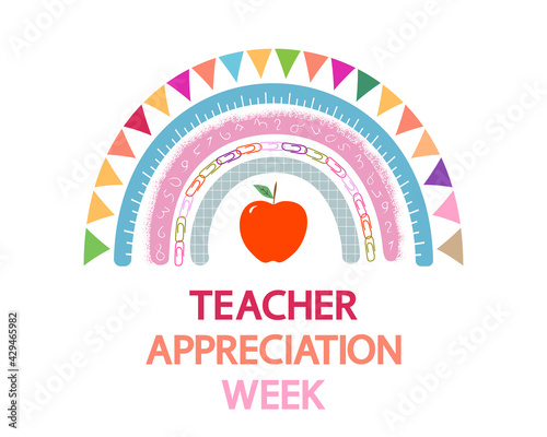 Teacher Appreciation Week school  vector banner. Cute rainbow, apple and text on white. 