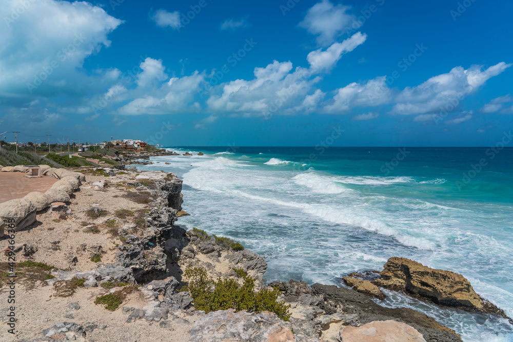 Rocky coastline with turquoise water on Isla Mujeres, South Point Punta Sur Cancun Mexico Island