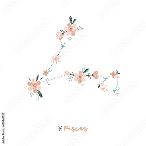 Flower Pieces zodiac sign clip art isolated on white. Celestial floral daisy constellation vector illustration. Magical Boho spiritual bloomy astrological design.