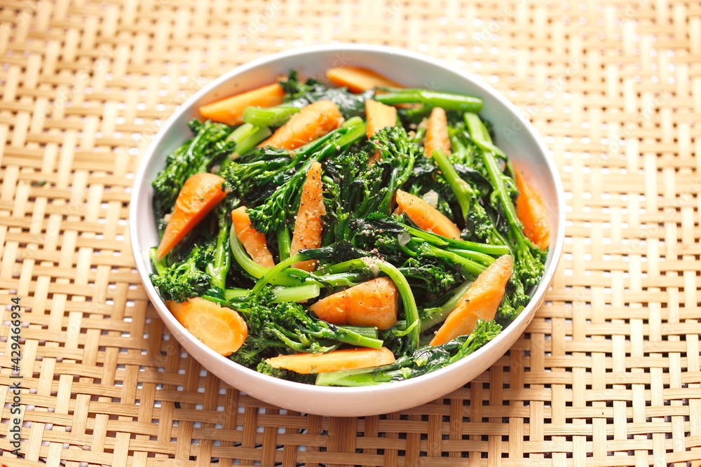 Fried baby broccoli mixed baby carrots