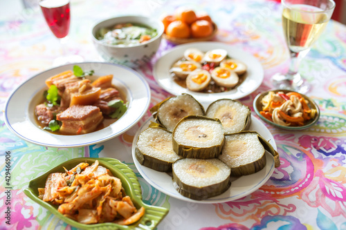 Asian family lunch set in Lunar New Year days