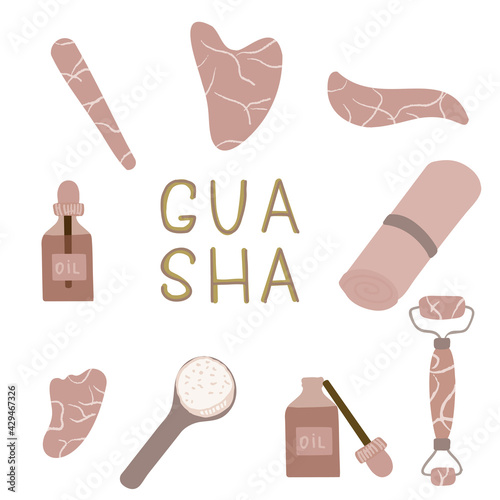 Set of Gua Sha massage tool. Home beauty routine. Gua sha scrapers, face oil, massage roller.  Skin care products for SPA, beauty concept. Isolated on white background