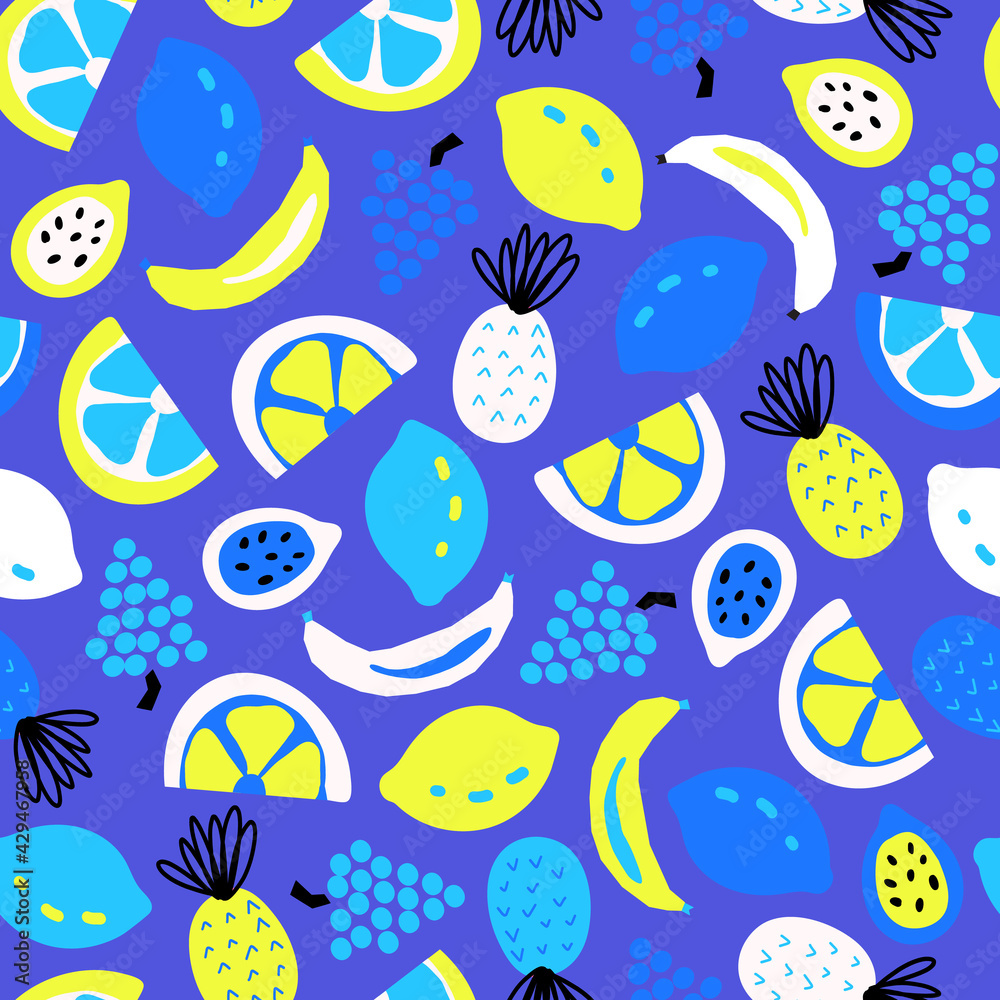 Tropical Fruit seamless vector pattern blue white yellow. Repeating bright summer background exotic. Abstract pineapple, lemons, banana for summer decor, fabric, fashion.