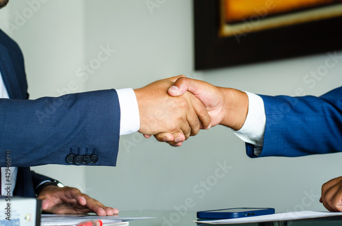 Closeup of a business handshake, on office background.