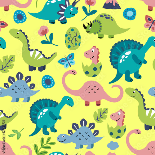 Seamless pattern with cute hand drawn dinosaurs. Design of fabrics, textiles, wallpaper, packaging, decoration of a children's room.