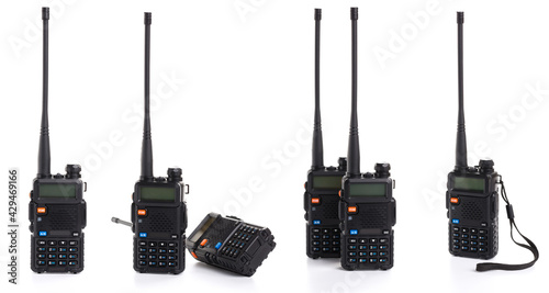 set collage of several black walkie-talkie radio communication device isolated on white background photo