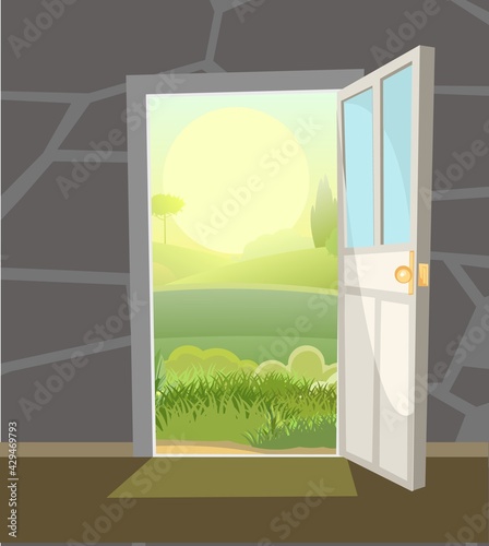 Open door from the room. View of the morning rural landscape with the rising of the summer sun. Cartoon flat style. Illustration vector