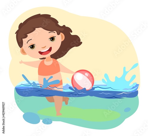 A little girl swims in the water. Plays with a ball and splashes and has fun. Child's summer vacation. Flat cartoon style. Isolated illustration on a white background. Vector;