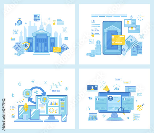 Set of  flat vector illustrations for Online internet mobile banking, financial service. Cryptocurrency Exchange and Blockchain. Recruitment platform, agency, HR.  Concept for websites. 