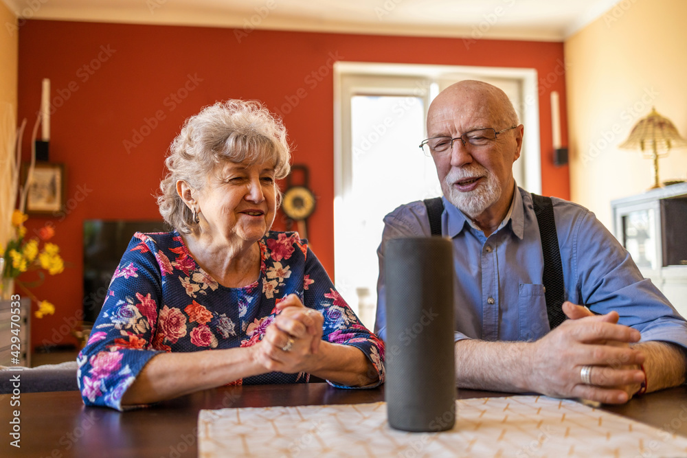 Excited senior couple using a Virtual Assistant at home
Excited senior couple using a Virtual Assistant at home