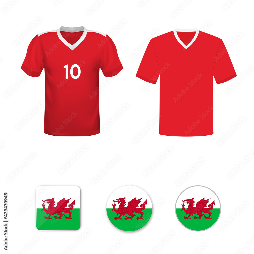 National football shirt of the Wales national team. Set of football Tshirts and flags of the