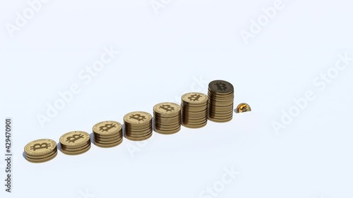 3D animation of a growing graph of coins. 3D image of increasing columns of coins, which form an increasing graph. The concept of a growing business. 
