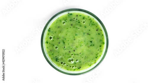 Kiwi and spinach smoothie isolated on a white background. Glass whith green smoothie.