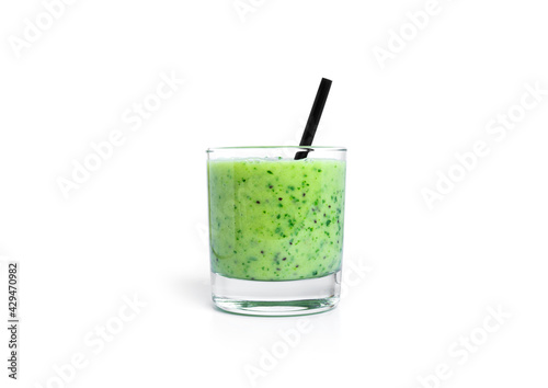 Kiwi and spinach smoothie isolated on a white background. Glass whith green smoothie.