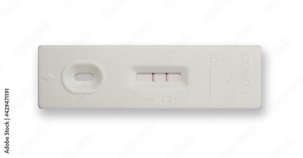 Covid 19 mouth Antigen test kit with positive result, isolated on white background Covid 19 mouth Antigen test kit with positive result, isolated on white background