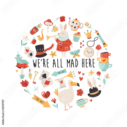 Colorful compositions with characters, symbols of Alice in Wonderland. Vector design, illustration