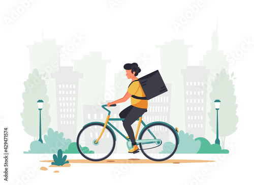 Delivery service concept. Courier riding by bicycle. City background. Vector illustration